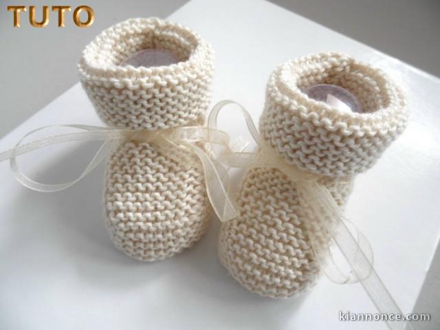 Explications tricot bébé, tuto chaussons à revers