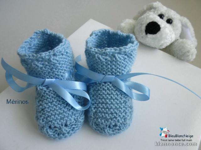 Chaussons tricot bébé, BLEU, laine Mérinos, fait main