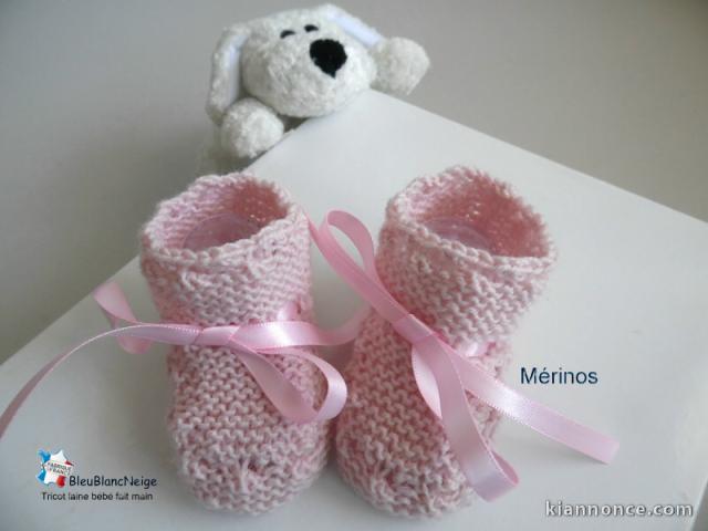 Chaussons tricot bébé, ROSE, laine Mérinos, fait main